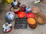 Tins, baskets, (2) cupcake pans, wooden bowls.
