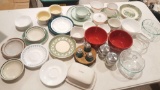 Vintage kitchen goods, plates, bowls, glass, pyrex