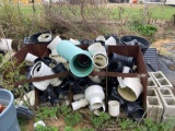 Assorted Pipe Fittings and Trash Cans