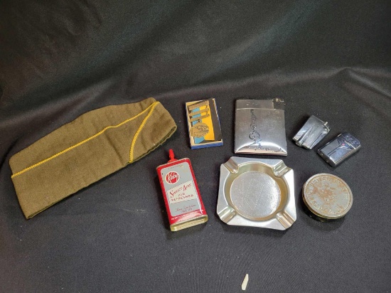 Lighters, US tobacco can, medal, Kirby air refresher can