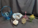 Blue glass basket, Fenton hobnail pieces, paperweights and punch bowl
