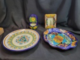 Mexican pottery plates made to hang, wall pocket and frame