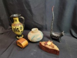 Vases, frog wood puzzle and cat
