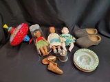 Dolls, leather baby shoes, plate and cup, toy, carved wood shoes