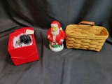 Longaberger basket, Swarovski ornaments and plastic vintage santa