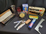 Timing light, desk set, alarm clock, rulers and drafing items, screwdrivers