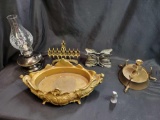 Oil lamp, metal candle holders/stands, plaster centerpiece with chips