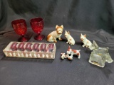 Dog figurines salt and pepper candy containers, red glassware, stemware set