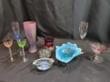 Stemware, souvenir glass, paperweight, blue dish with chips