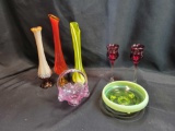 Glass basket, bud vases, stemware and footed dish