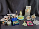 Gone with the Wind mugs, musical figurines, covered dresser box, crystal clocks