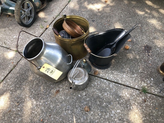 Coal hod, brass and stainless items