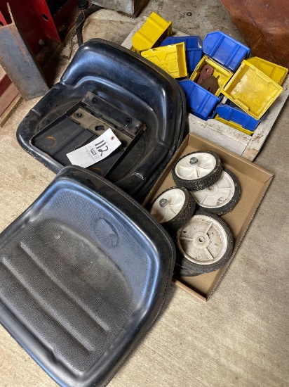Lawn mower seats, organizers, wheels