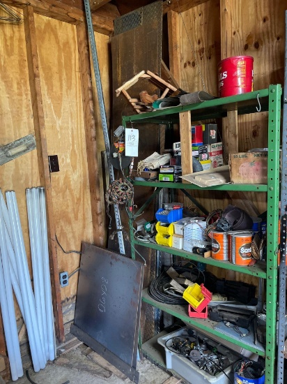 Green metal shelf and contents, metal sheeting/Diamond plate beside shelf
