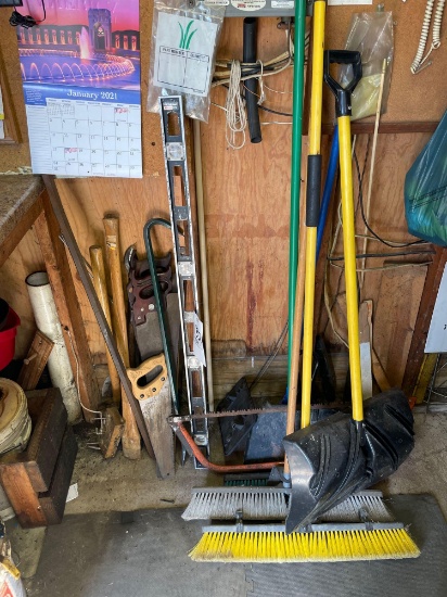 Brooms, shovels, saws, level