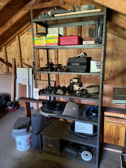 Metal shelf and contents, mower small engine parts