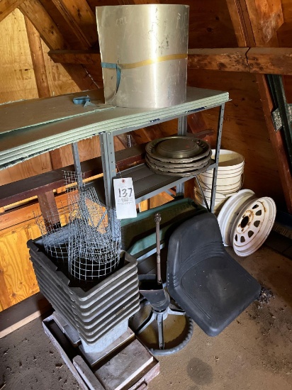 Metal shelf, spare rim, misc.