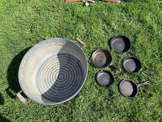 Galvanized wash tub, misc iron skillets