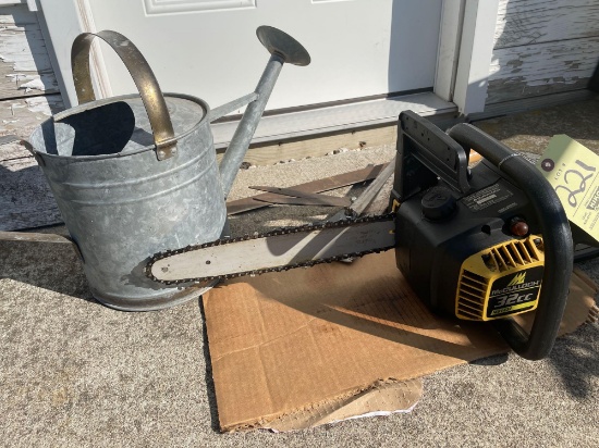 Chainsaw, watering can, limb loppers