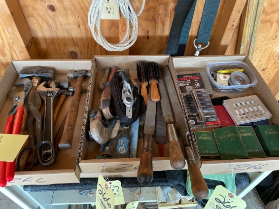 Hammers, files, ratchet strap, taps