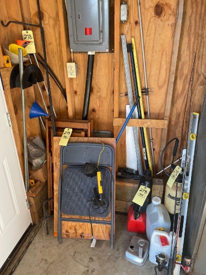 Fishing rods/reels, sprayer, chairs, shepherd hooks