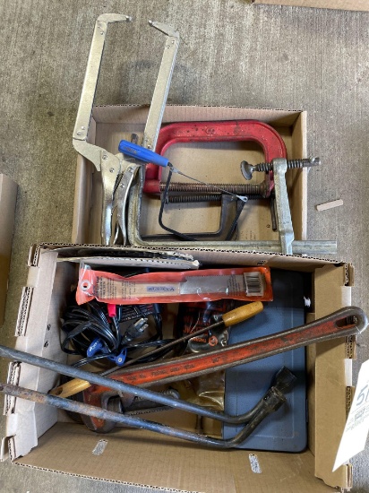 C-clamps, pipe wrench, vise grip, tools