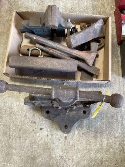 Pipe vise, vise, hatchet, pin, misc.