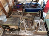 Contents underneath steps, mostly iron, ammo box, tool caddy misc.