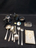 Assorted silver plate items, buttons, paper weight and gold dust book