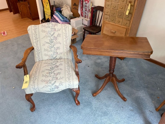 Upholstered Chair and Swivel Top Table