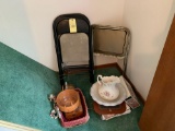 (3) folding chairs Longaberger basket - vintage bowl and pitcher
