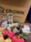 Box full of miscellaneous new items, flashlights, lights, travel mugs, hats, jewelry