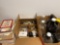 3 boxes vintage Christmas paper items, gallon jug bottles, electric parts