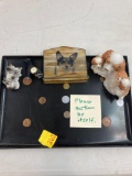 Tray with inlaid coins, miscellaneous dog items