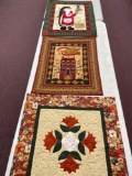 3 hand made, machine quilted wall hangings, holidays