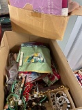 Box of vintage hosiery, linens and jewelry