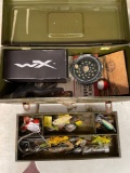Vintage metal tackle box full of items, reels