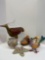 Metal bird figurines, clay pottery, planters etc.