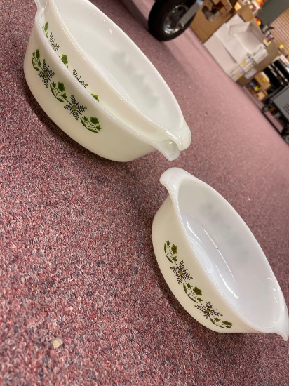 3 Fire King casserole dishes, green flower