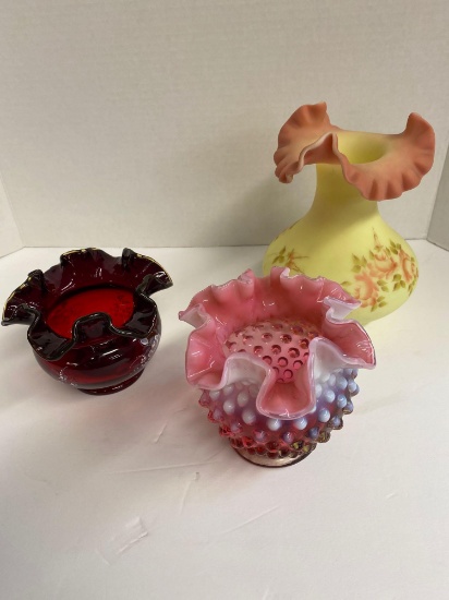 3 Fenton vases Burmese hand painted, ruby hand painted, opalescent cranberry hobnail