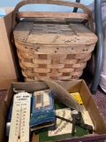 vintage picnic basket, advertising thermometer, etc.
