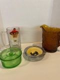 Green glass bowl with lid, amber glass pitcher, Andre the giant 1985 mug, provincial Ware bowl