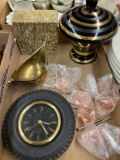 Seiberling tire clock, pink glass knobs, glass candy, etc