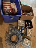 One box and one tote of Christmas ornaments- wreath