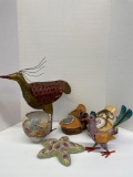 Metal bird figurines, clay pottery, planters etc.