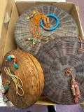 3 vintage woven baskets with glass beads and coins