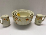 Hall?s autumn leaf nesting mixing bowl and salt and pepper shakers