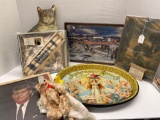 Anheuser Busch tray, R.A. Fox 1924 calendar, rare blue Willow candles and napkins, JFK picture,
