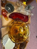 two flats of glass, bottles, pictures, old apple butter crock etc.