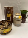 old hardware, crock jars, 1 snuff crock, pitcher